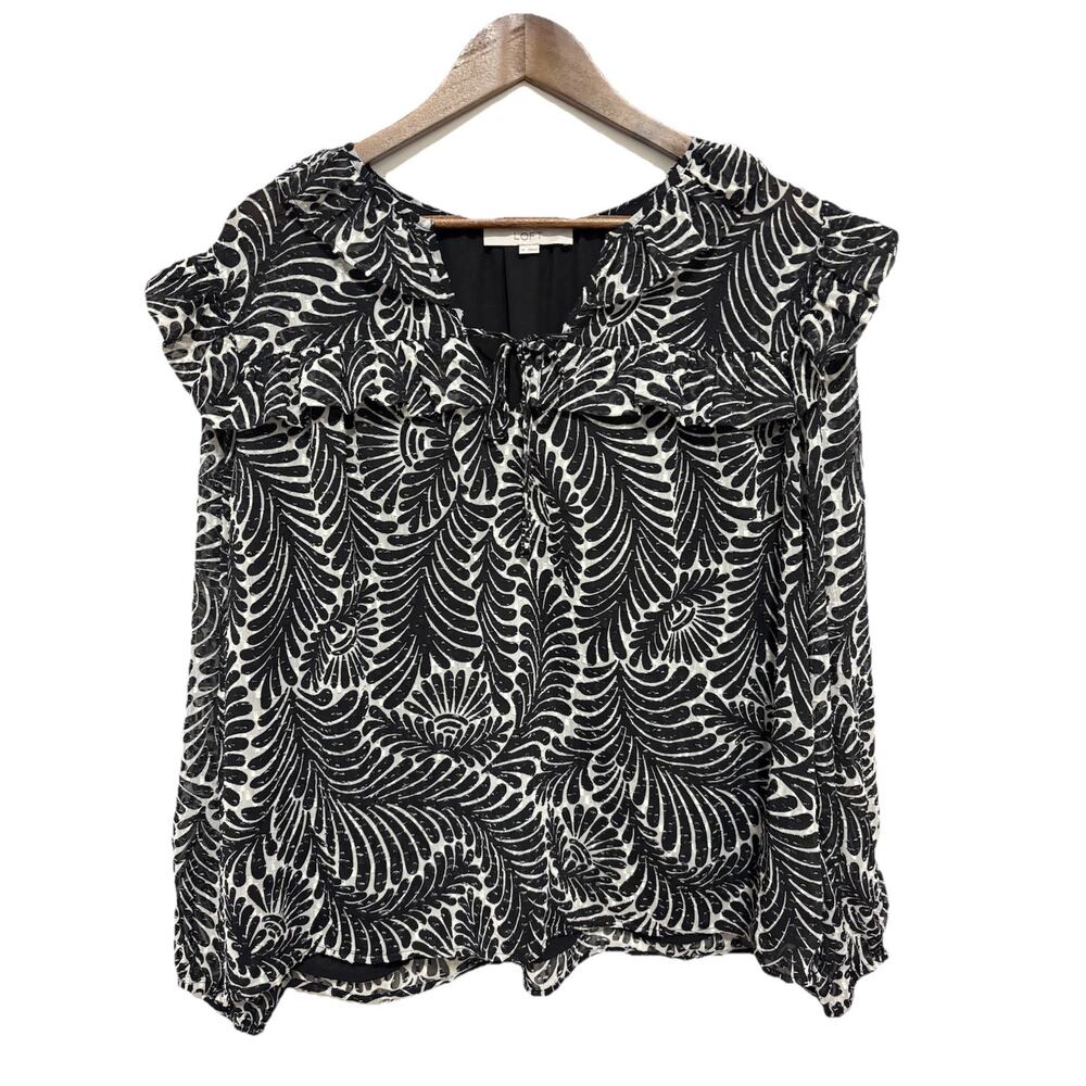 LOFT XL Black White Abstract Leaf Print Ruffle Tie Neck Blouse Top